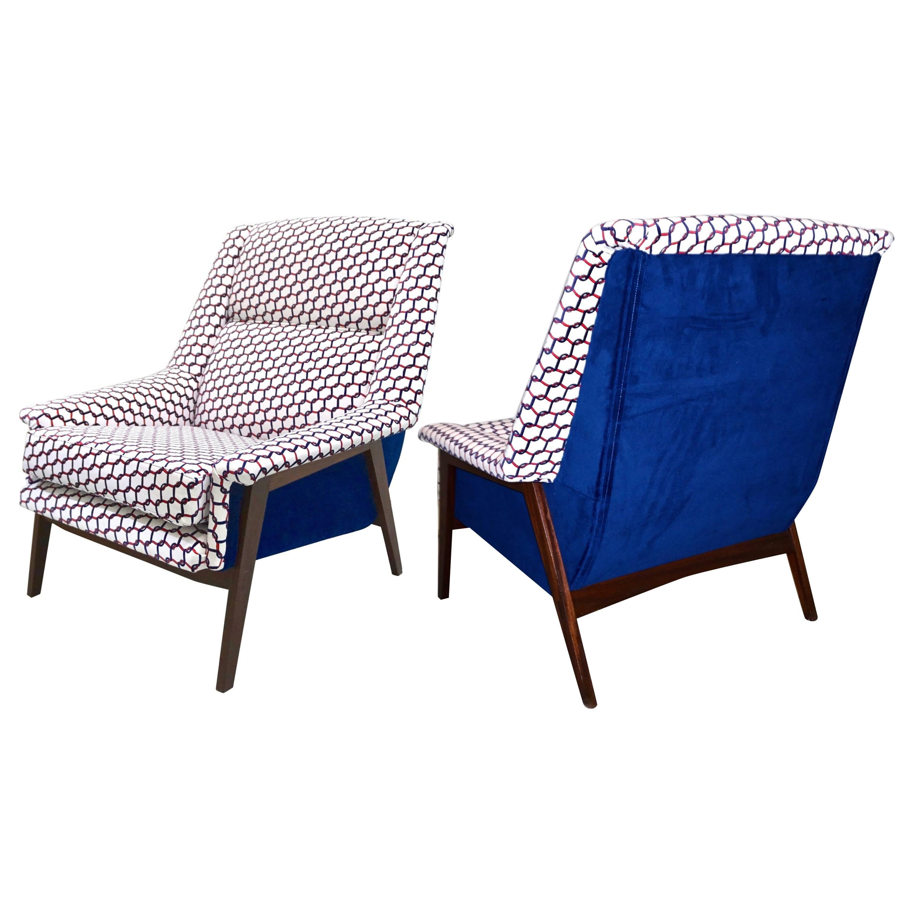 1960s Italian Pair of Vintage Walnut Armchairs in Cobalt Blue White Red Fabric