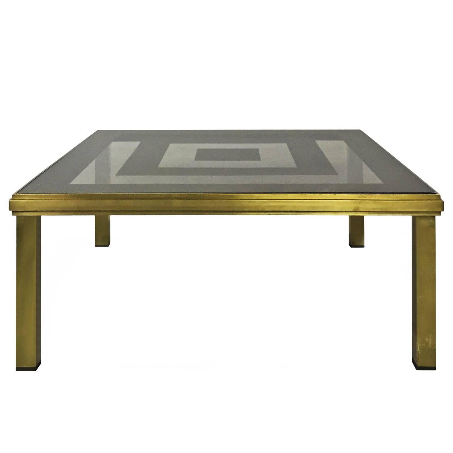 1970s French Square Brass Coffee Table with Concentric Mirror Top