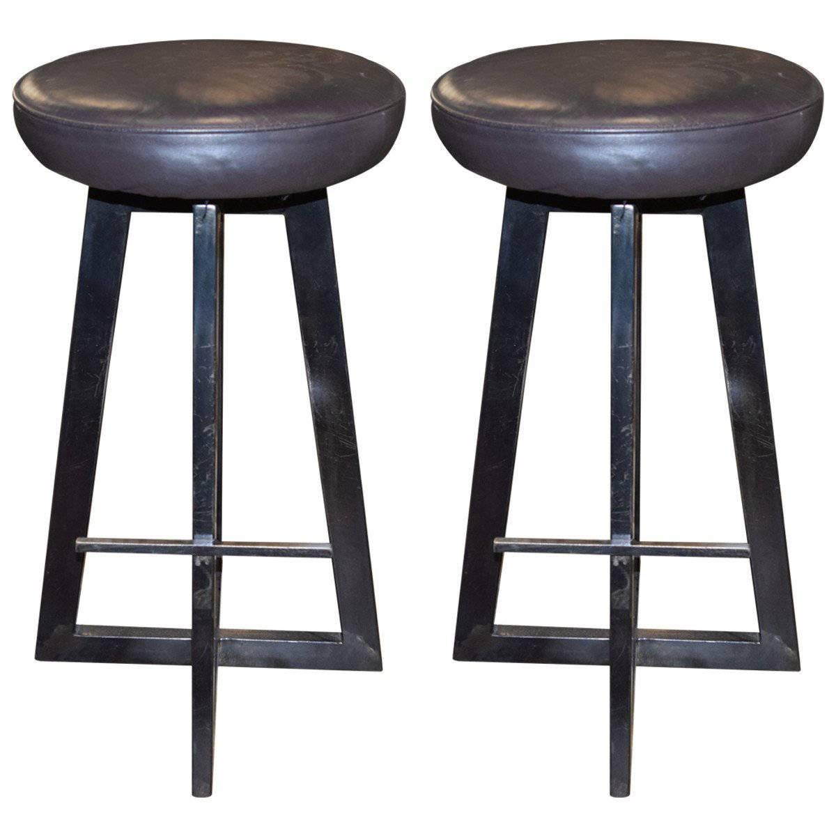 Industrial Leather and Iron Bar Stools