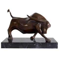 Bronze Sculpture of Bull on Marble Base