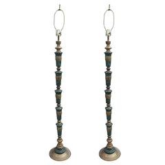 Pair of Green Marble and Brass Modern Floor Lamps