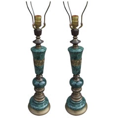 Pair of Green Marble and Brass Modern Table Lamps