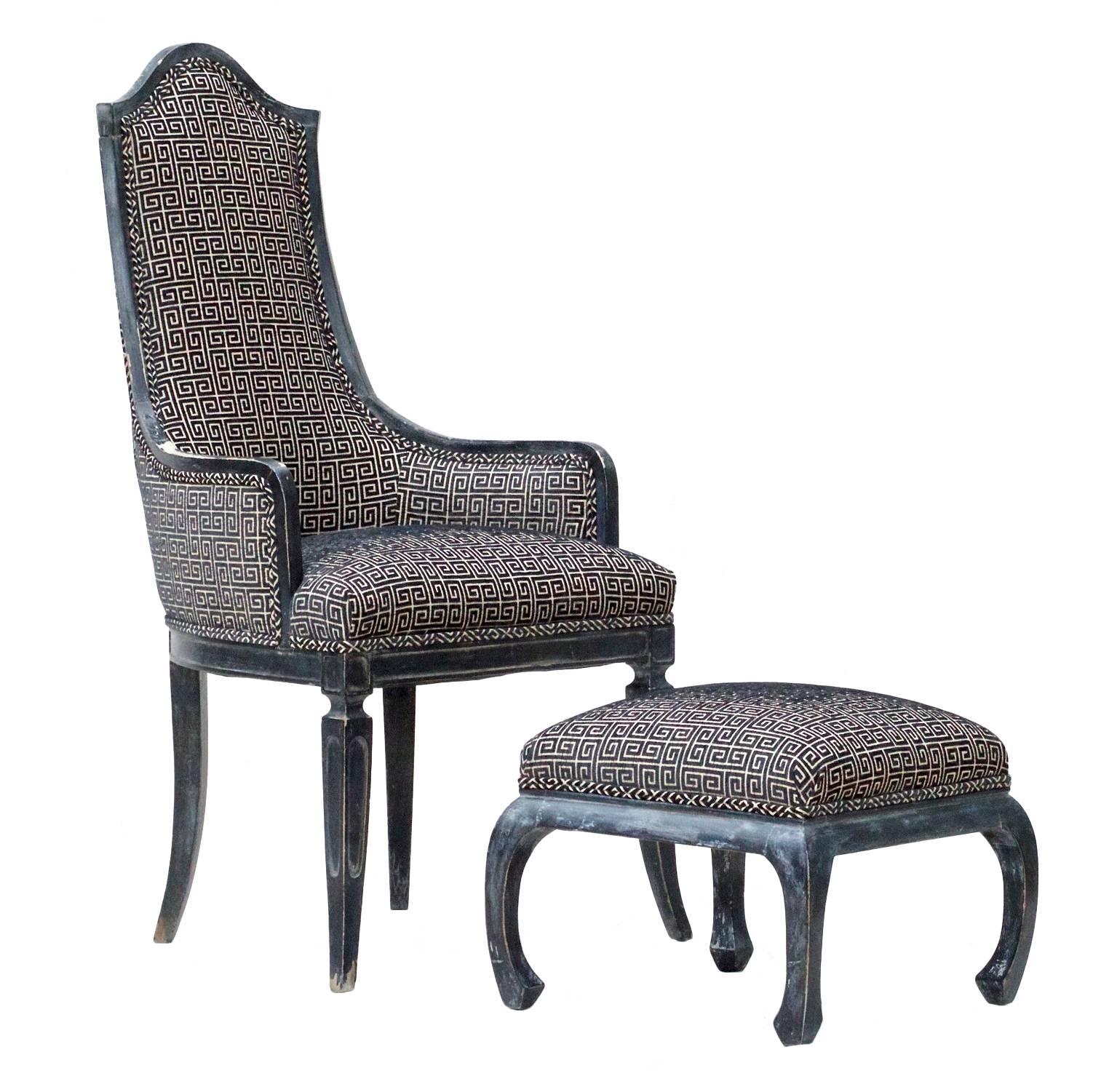 Chinese Chippendale Lounge Chair and Ottoman in Greek Key Fabric For Sale