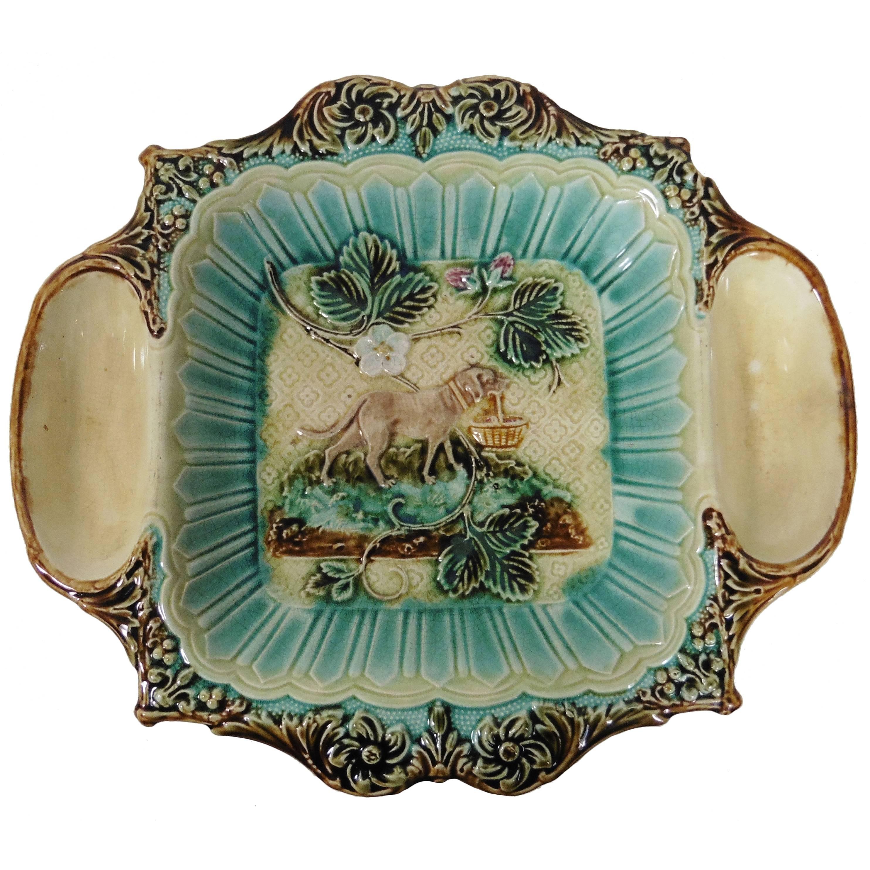 19th Century Majolica Strawberries Platter with Dog Holding a Basket