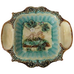 19th Century Majolica Strawberries Platter with Dog Holding a Basket