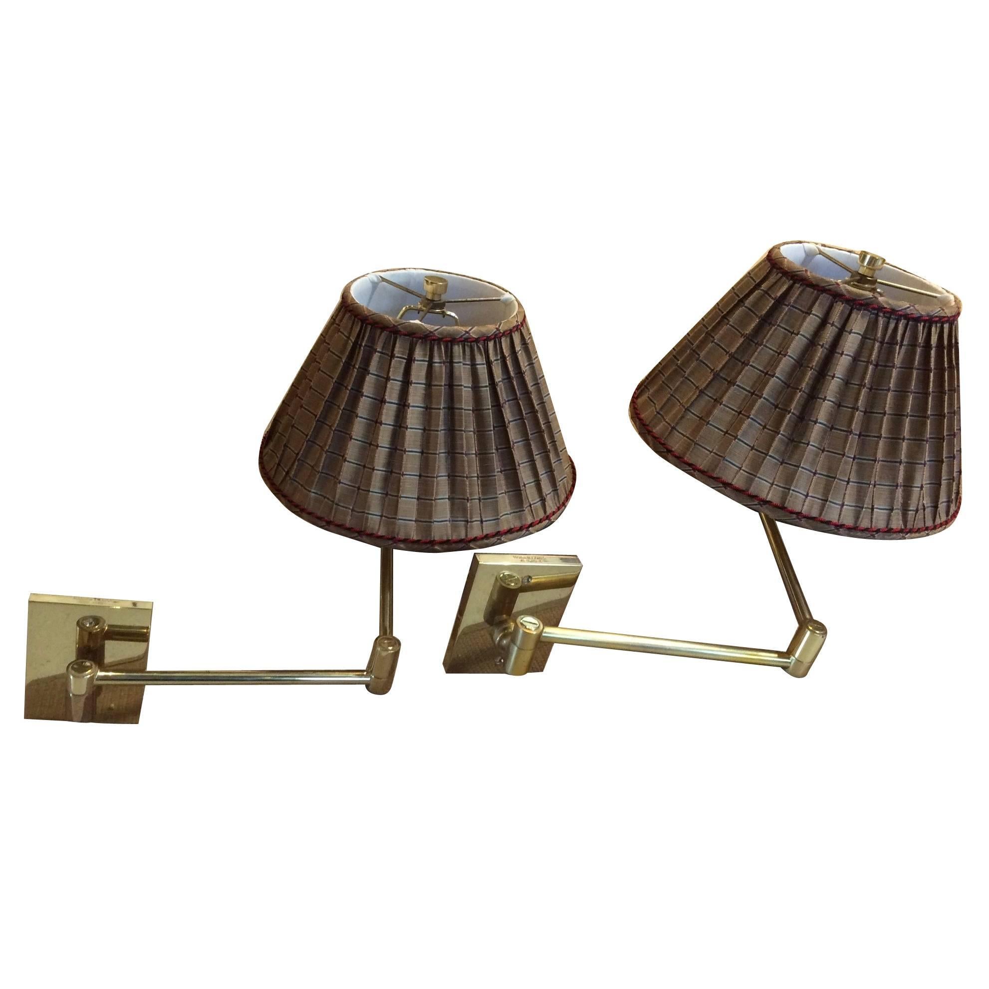 Pair of Vintage Hansen Brass Swing Arm Wall Lamps, Stamped in Cast Brass For Sale