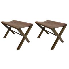 2 Wood and Studded Leather French X-Frame Benches Style Jean Michel Frank 4