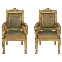 Italian 19th Century Neoclassical st. Patinated and Giltwood Throne Armchairs