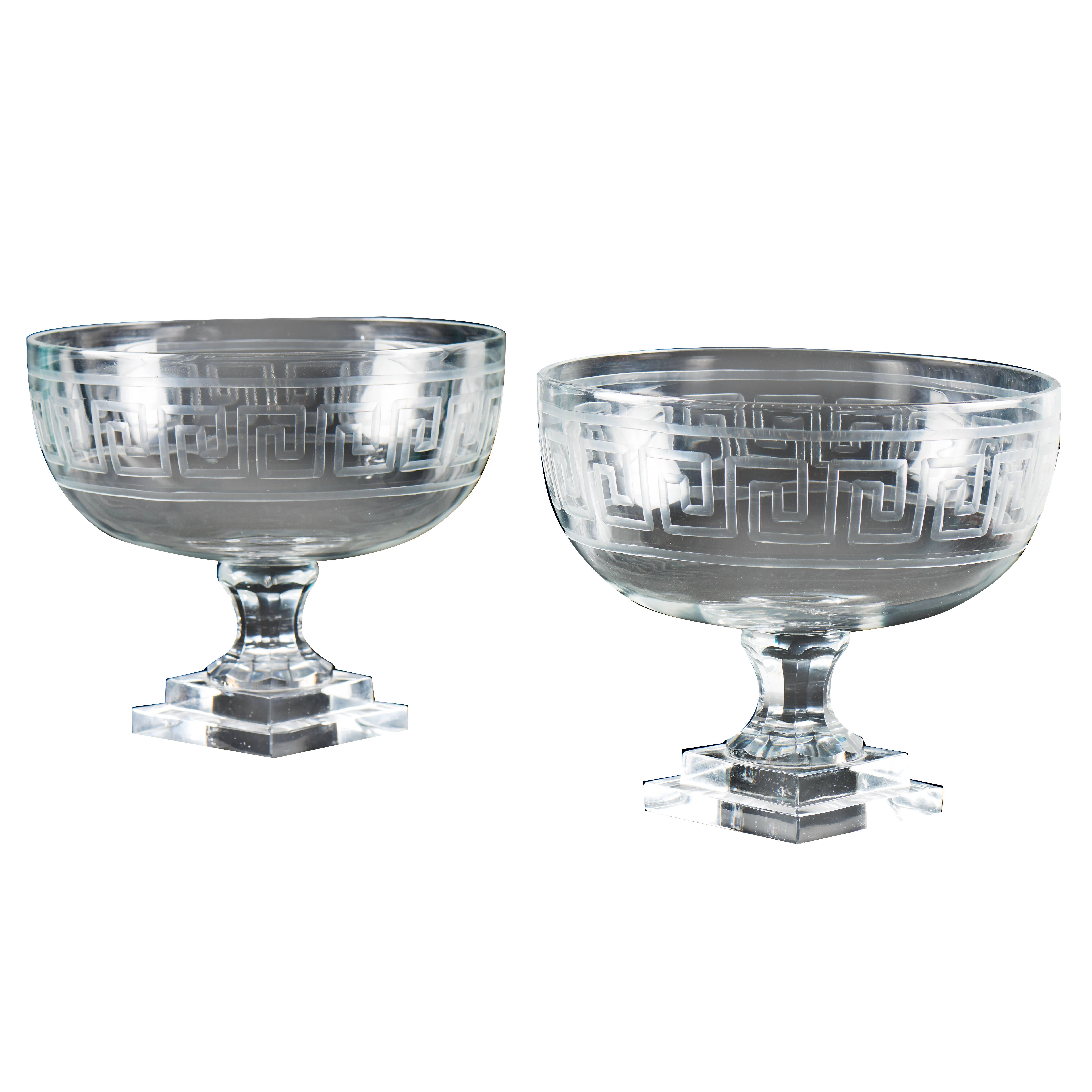 Pair of French Crystal Bowls with Pedestal Decorated with Neoclassical Motifs For Sale