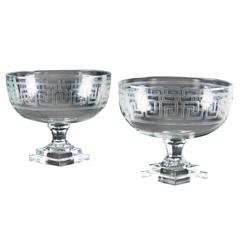 Pair of French Crystal Bowls with Pedestal Decorated with Neoclassical Motifs