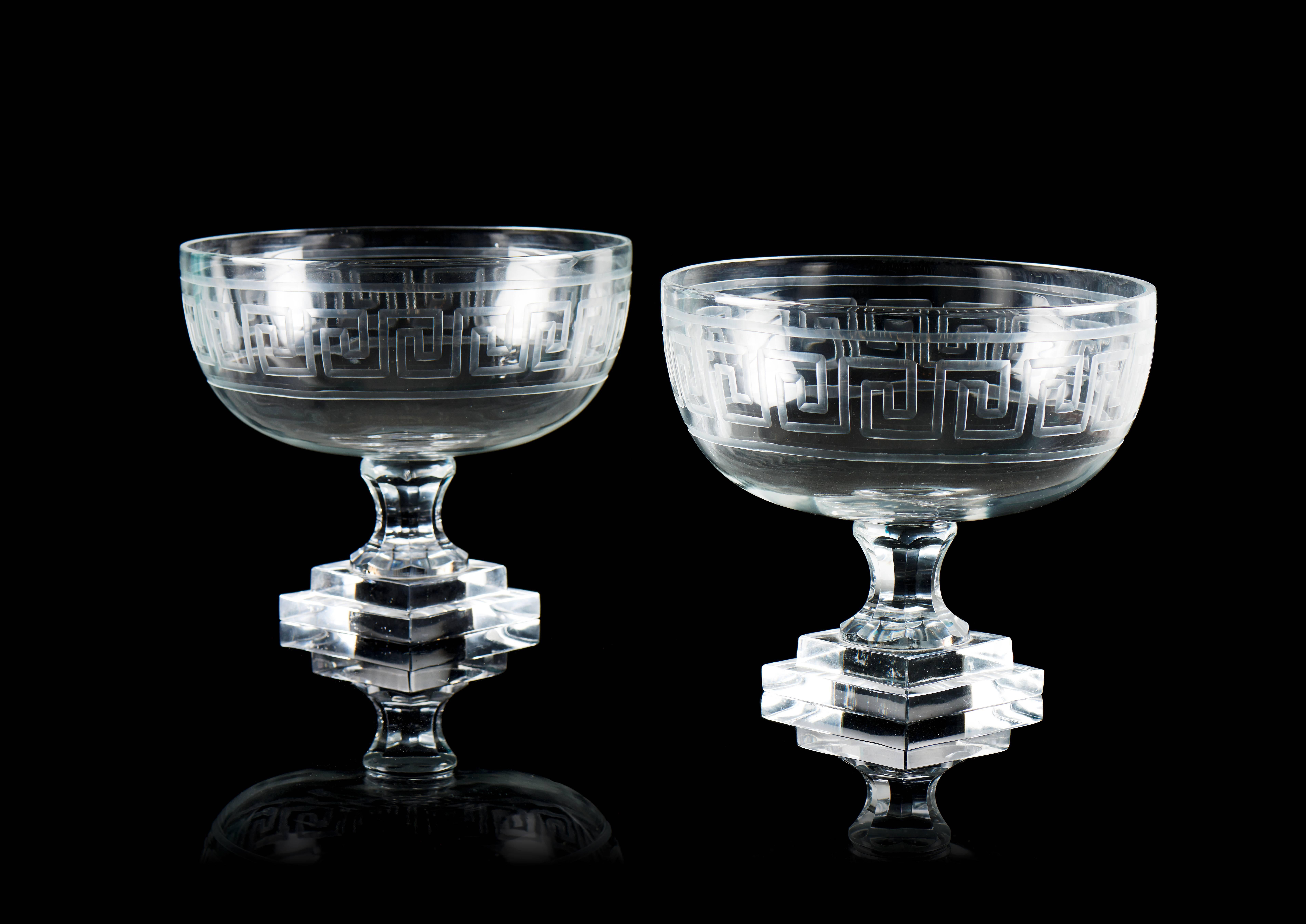 For sale on 1stdibs a pair of crystal bowls with pedestal decorated with neoclassical motifs. These bowls are in perfect condition and the crystal is not restored in any place. They can be either used as decorative pieces or as beautiful serving