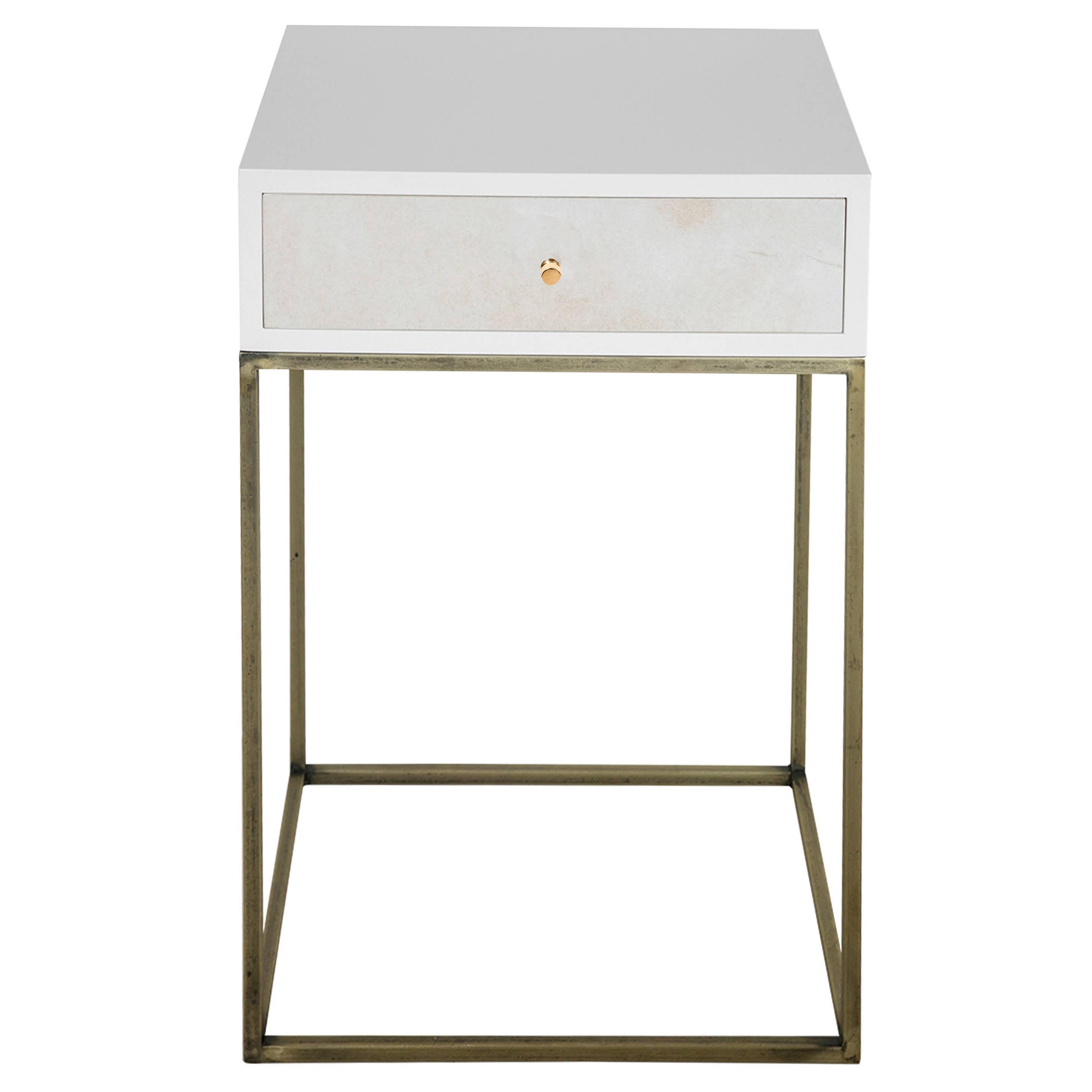 Piano Lacquered Olivia Bedside Table with Vellum Parchment Detail For Sale