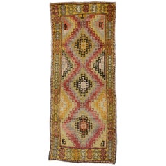 Antique Turkish Oushak Runner with Mid-Century Modern Tribal Style