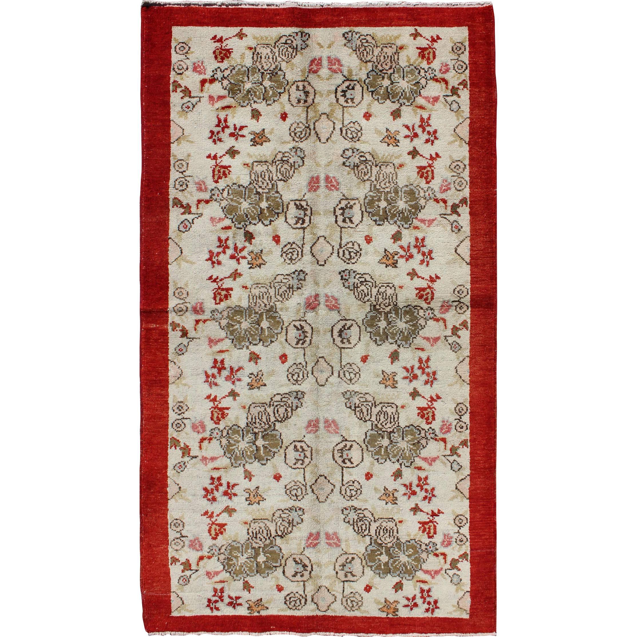 Vintage Turkish Oushak Rug with all over Floral Design in Ivory, Green and Red For Sale