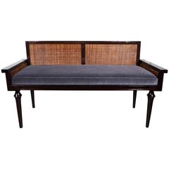 Mid-Century Modernist Bench in Ebonized Walnut with Inset Caning and Mohair