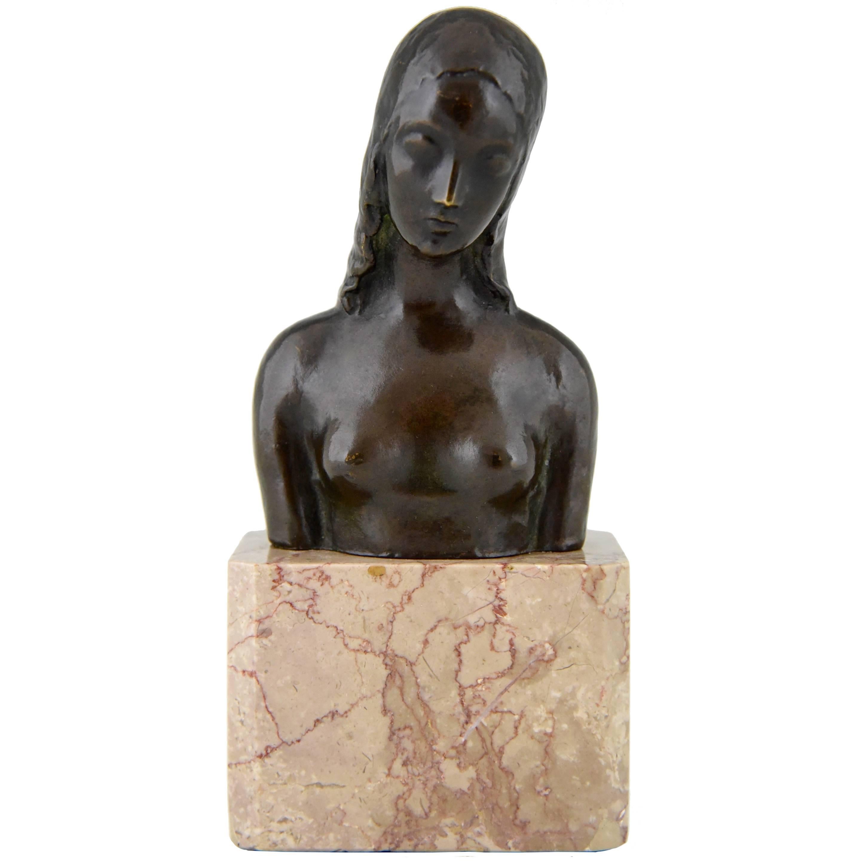 American Art Deco Bronze Bust of a Female Nude by Simon Moselsio 1930