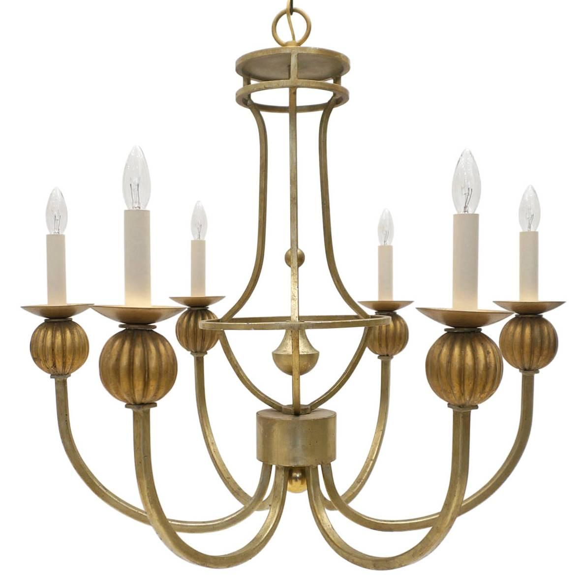 Six-Arm Gold Metal and Giltwood Chandelier, France, circa 1950 For Sale