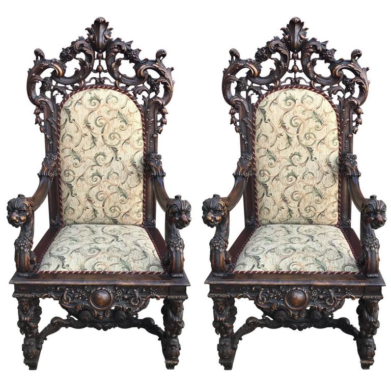 Highly Carved Pair Of Rococo Throne Chairs With Cream Cushions For Highly Carved Pair Of Rococo Throne Chairs With Cream Cushions For
