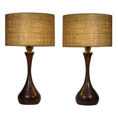 Pair of Handmade Lathed Solid Walnut Table Lamps with Custom Shades