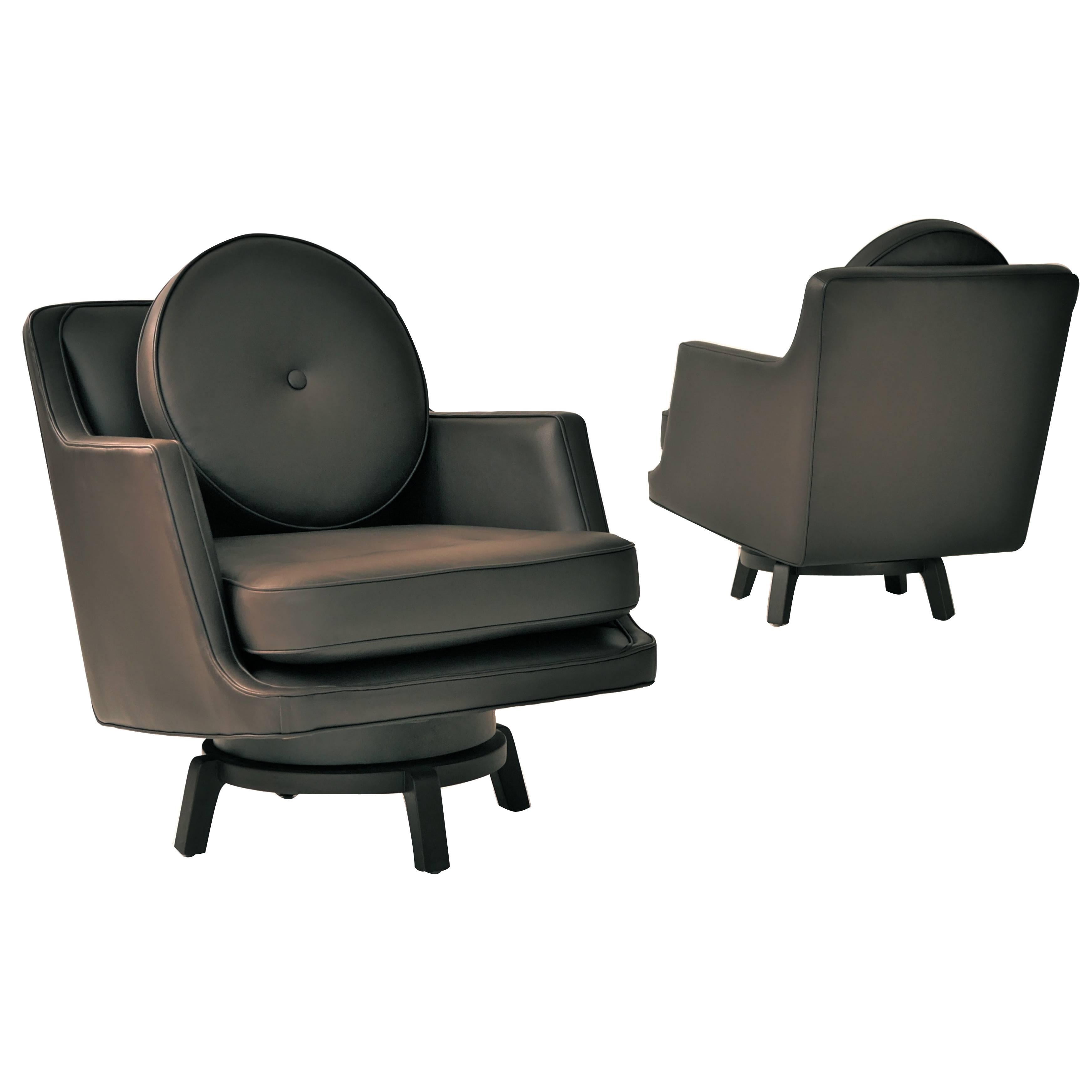 These beautiful Edward Wormley brown leather swivel lounge chairs have reupholstered in a spinney beck dark chocolate brown leather. Dunbar model #5609.