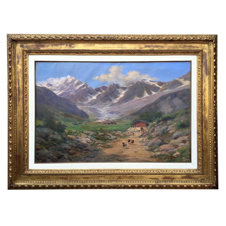 Large Italian Mountain Landscape Painting by Silvio Poma, 1910, oil on
