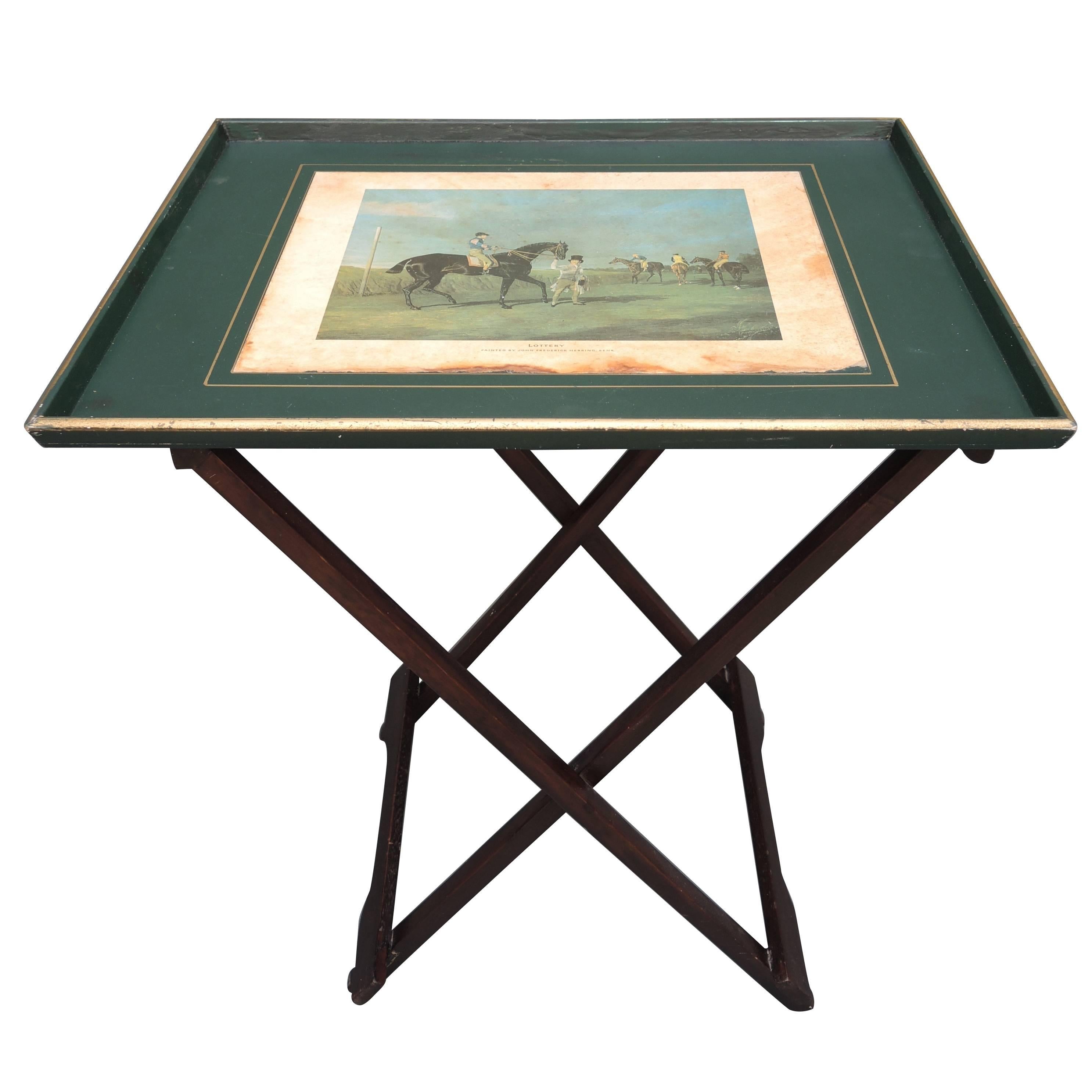 Vintage English Wood Bar Tray Table with Decoupage Equestrian Print Decoration.