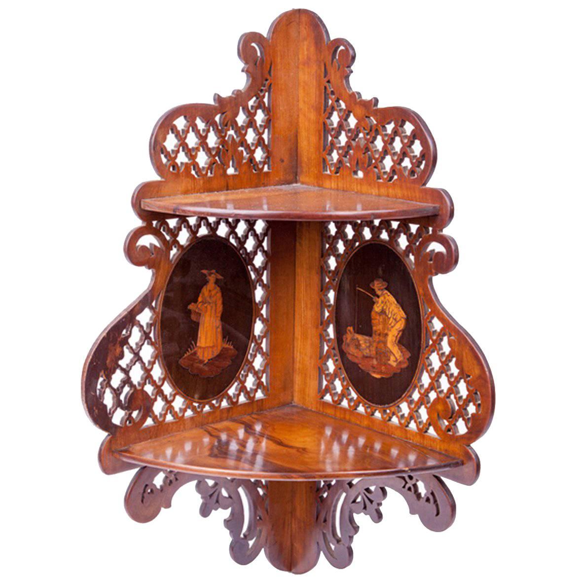 19th Century Mahogany Corner Bracket with Inlaid Vignettes For Sale