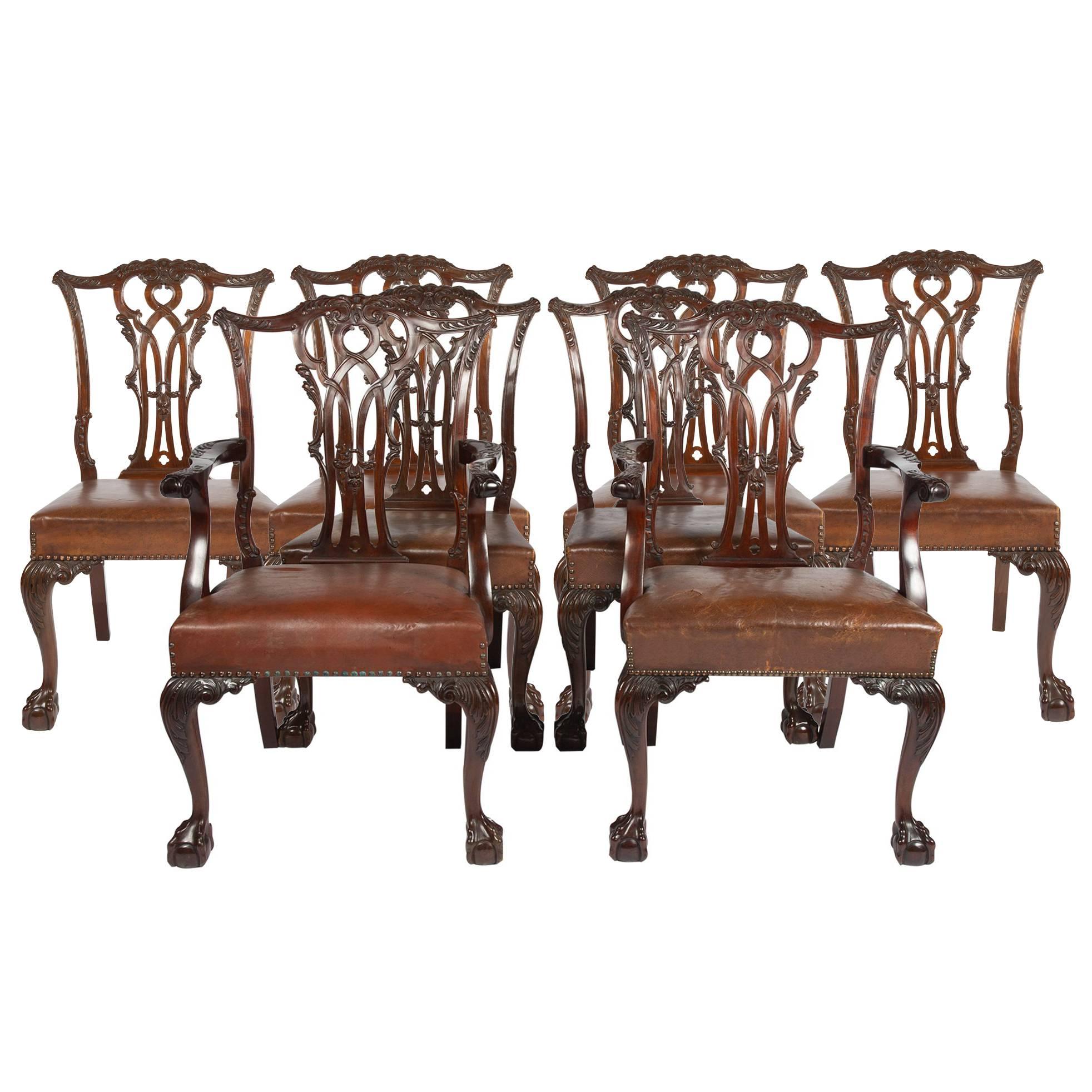 Eight Chippendale Style Dining Chairs, 19th Century