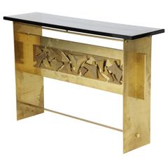 Italian Brutalist Style Brass Console with Smoke Gray Lucite Top