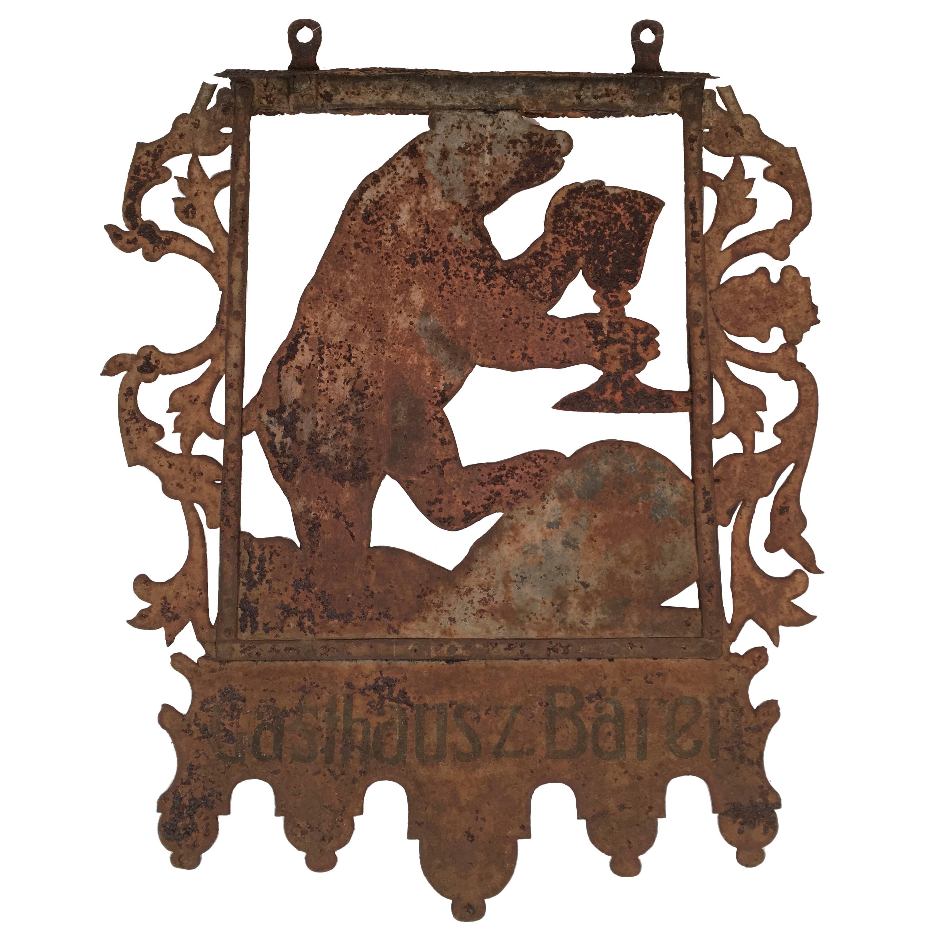 Antique Swiss Bear with Raised Glass Sign from an Inn