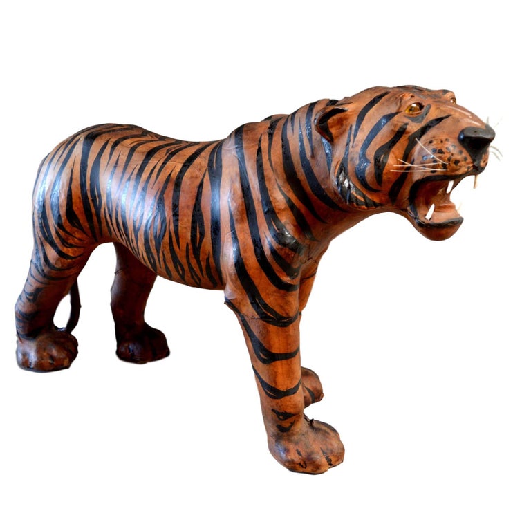 Vintage MCM Large Leather Wrapped Big Cat Tiger Statue Figure Decor