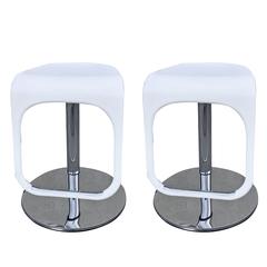 Two White and Chrome Stools Adjustable to Counter Height