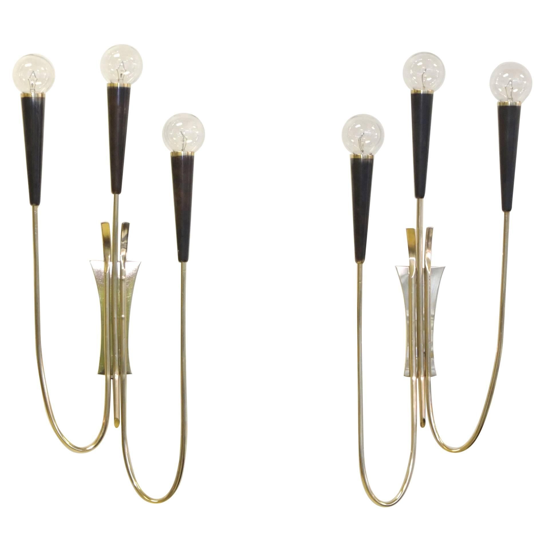 Pair of Brass & Gunmetal Tri-Cone Candelabra Sconces