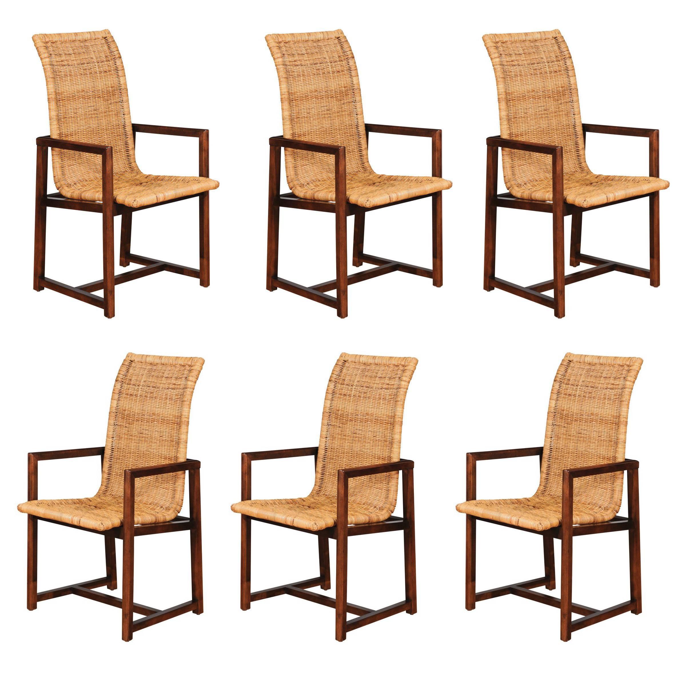 Stunning Set of Six Restored Vintage Wicker and Beech High-Back Dining Chairs For Sale