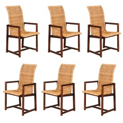 Stunning Set of Six Restored Vintage Wicker and Beech High-Back Dining Chairs