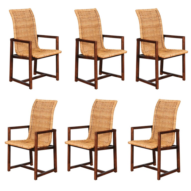 Stunning Set Of Six Restored Vintage Wicker And Beech High Back