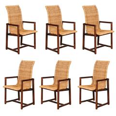 Stunning Set of Six Restored Vintage Wicker and Beech High-Back Dining Chairs 10