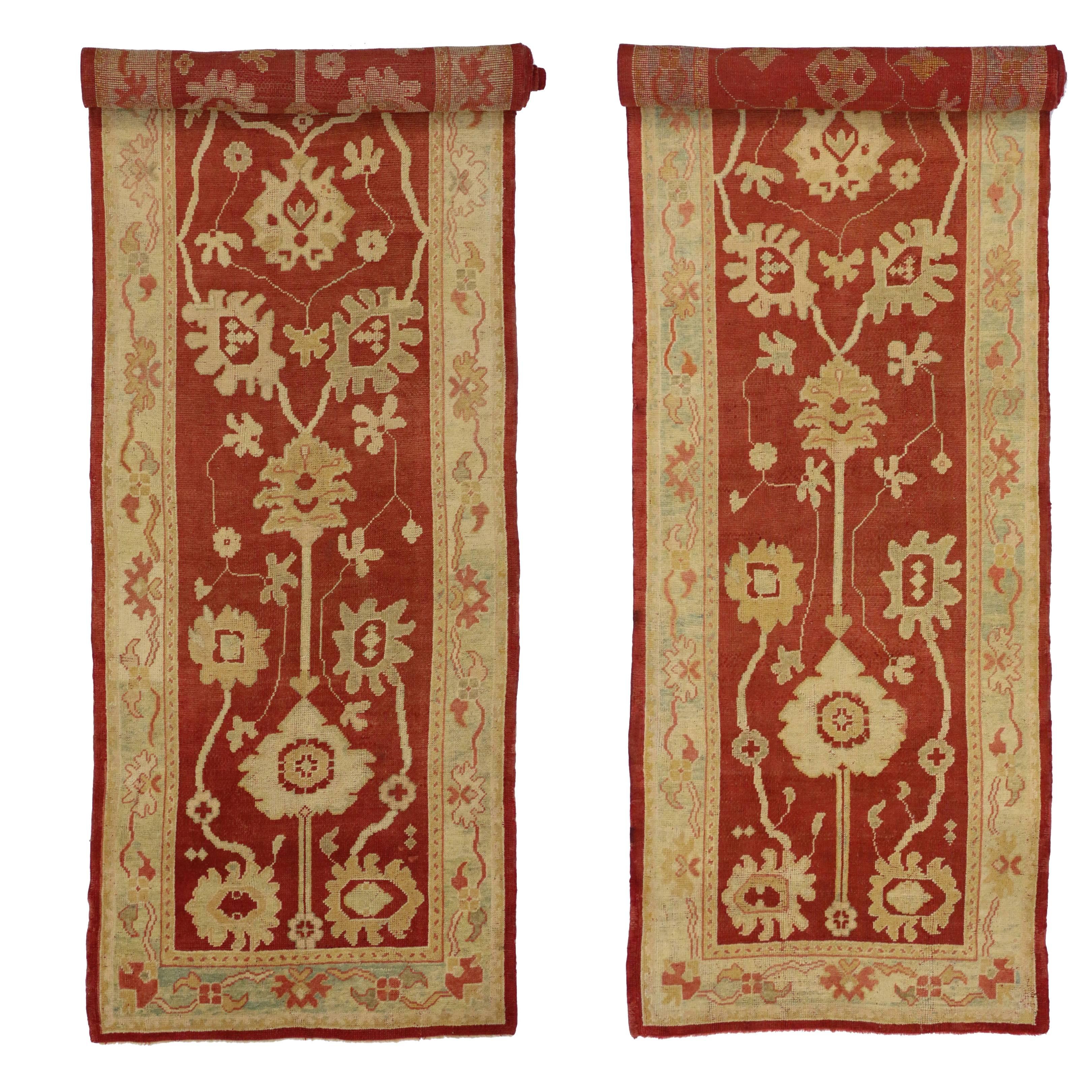 Pair of Antique Turkish Oushak Runners, Extra-Long Hallway Runners For Sale