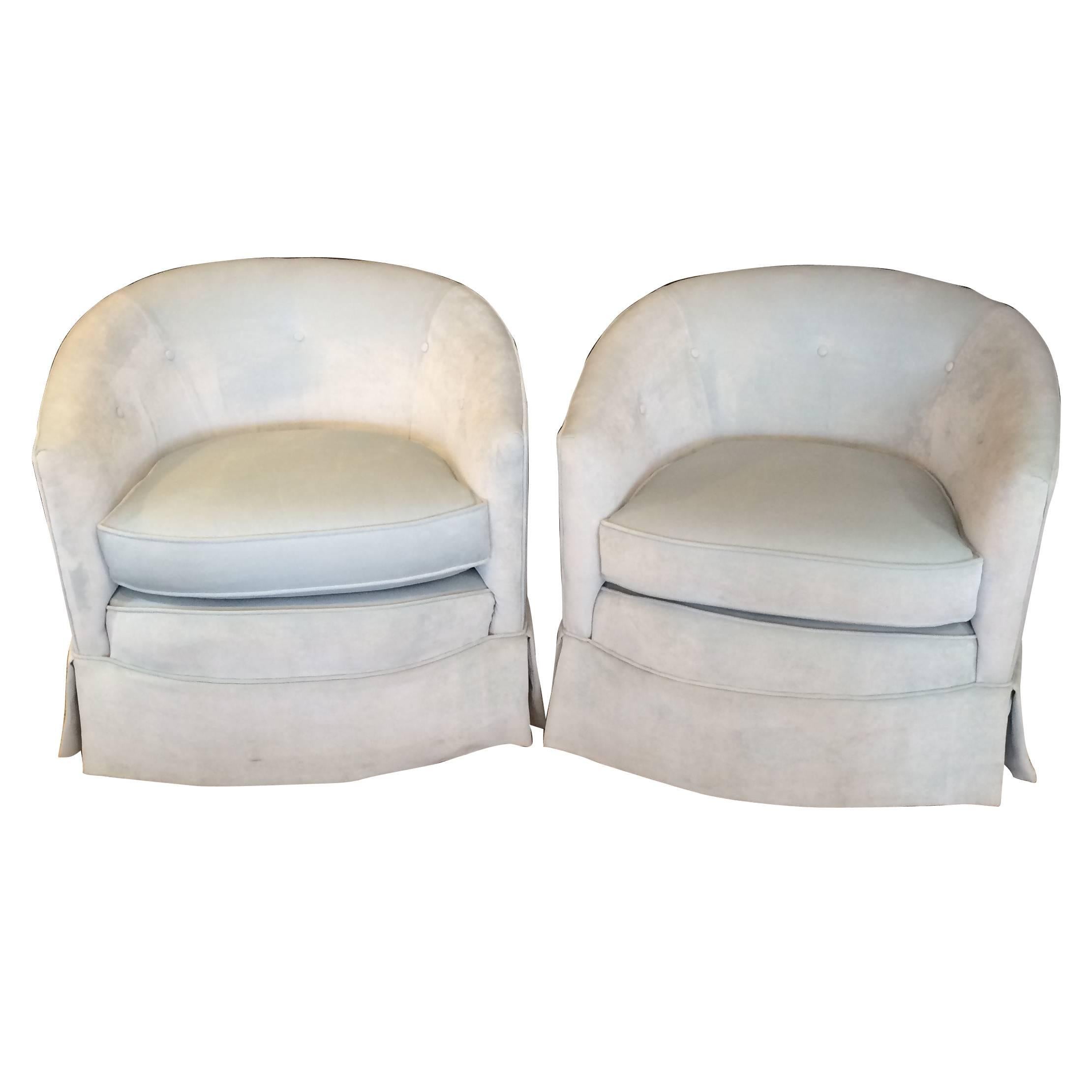 Pair of Sexy Pale Blue Silk Velvet Swivel Club Chairs