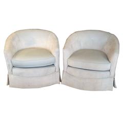 Vintage Pair of Sexy Pale Blue Silk Velvet Swivel Club Chairs