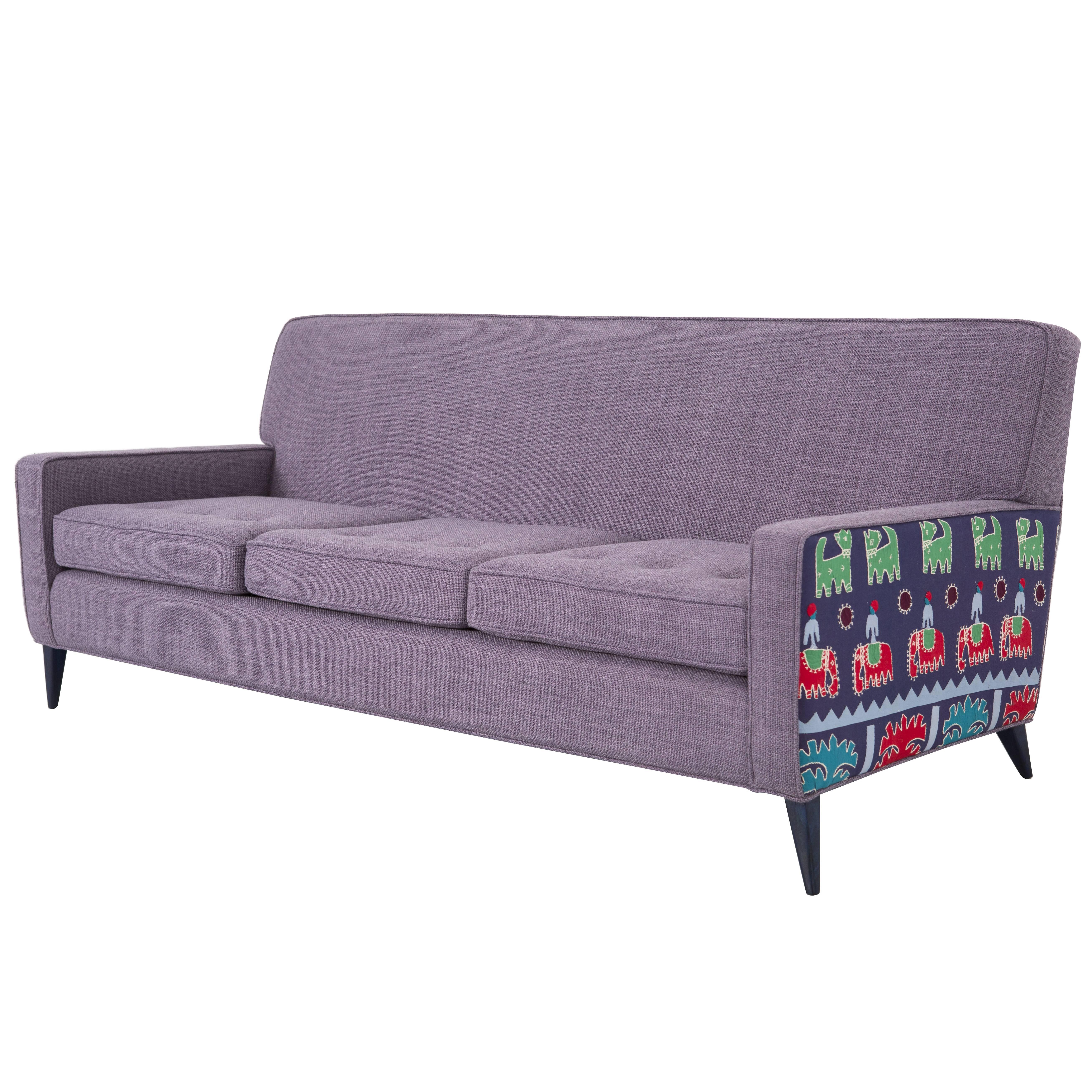 Paul McCobb Sofa Reupholstered in Maharam Cotton + 1940s Indian Cloth