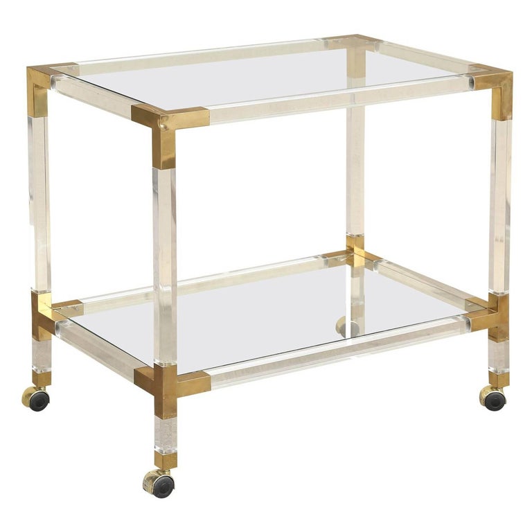 MidCentury French Rolling Bar Cart in Lucite Acrylic and Brass at 1stDibs