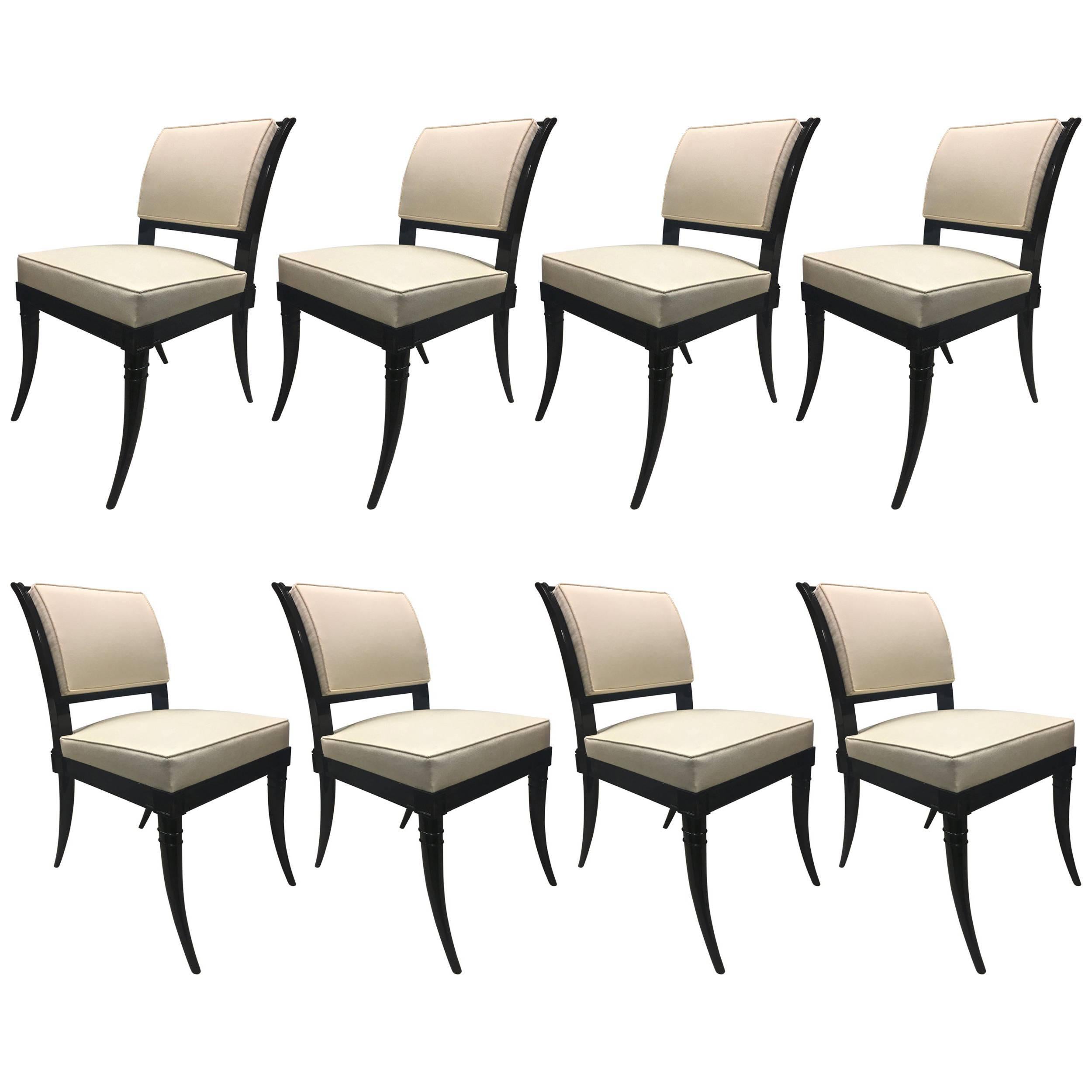 Maison Jansen Chicest Black Neoclassic Exceptional Set of Eight Dinning Chairs For Sale