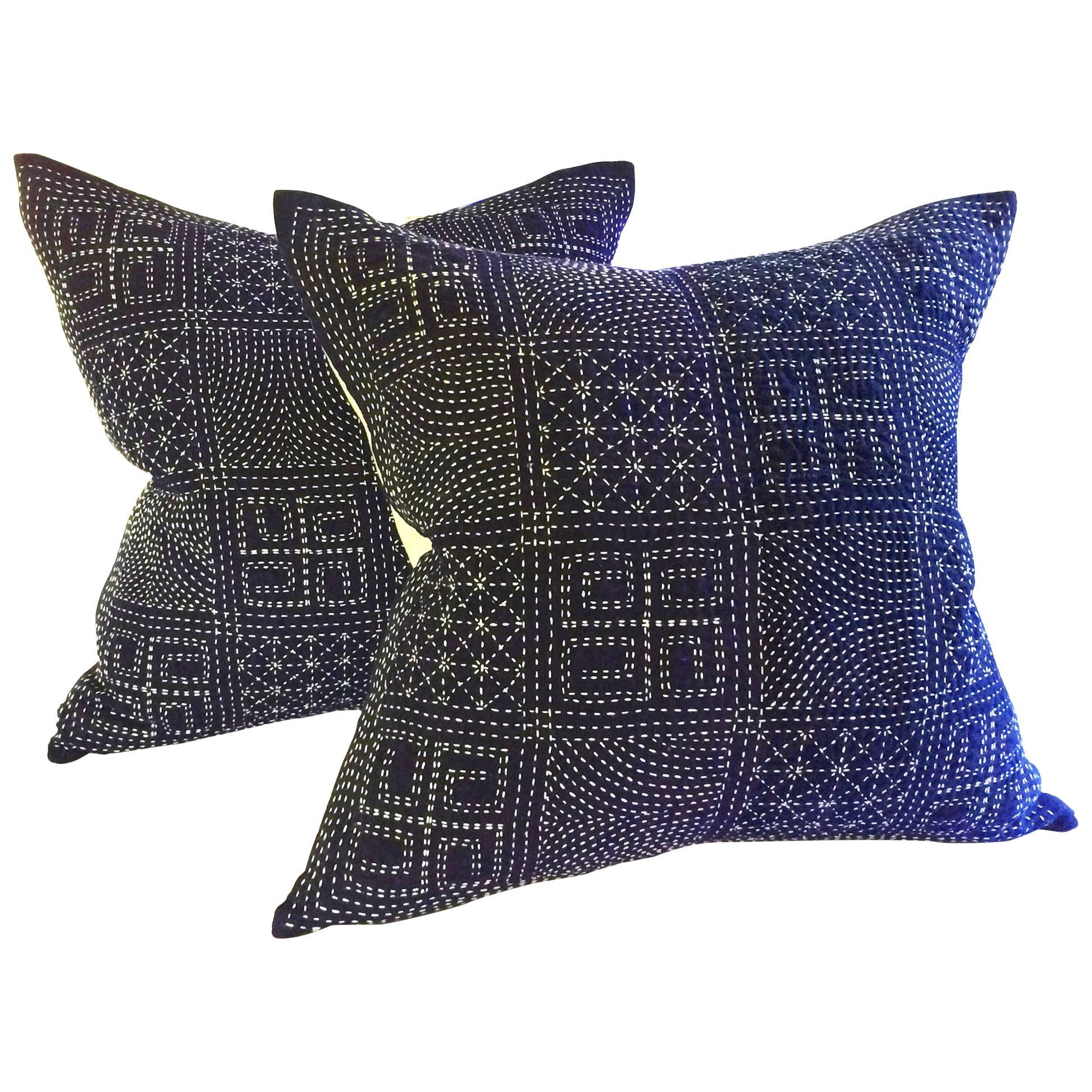 Pair of Japanese Indigo Embroidered Down Pillows For Sale