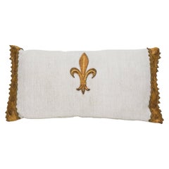 Antique Metallic Gold Thread Fleur-de-Lis Appliqué Pillow