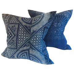Pair of Japanese Indigo Batik Pillows