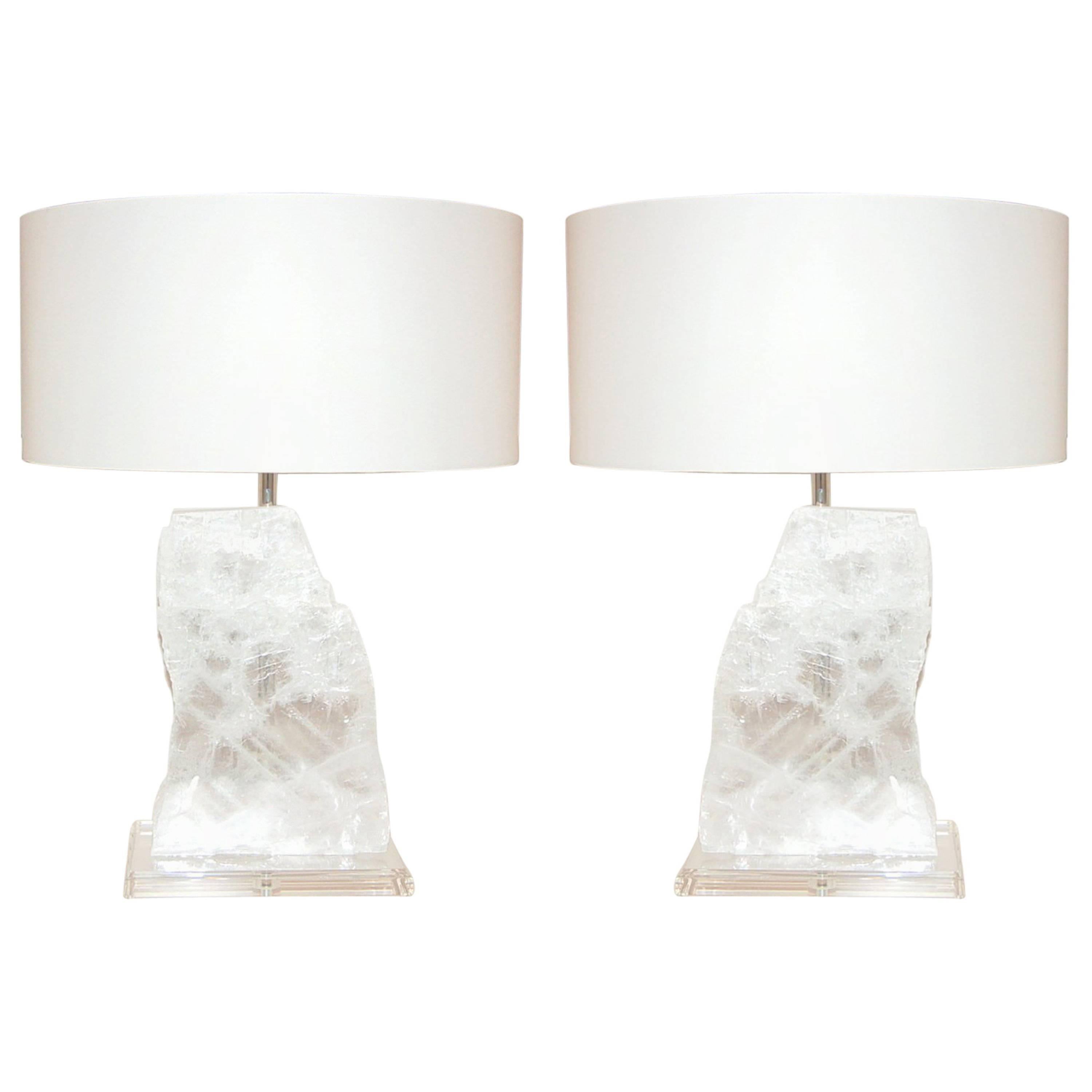 White Selenite Stone Table Lamps by Swank Lighting For Sale