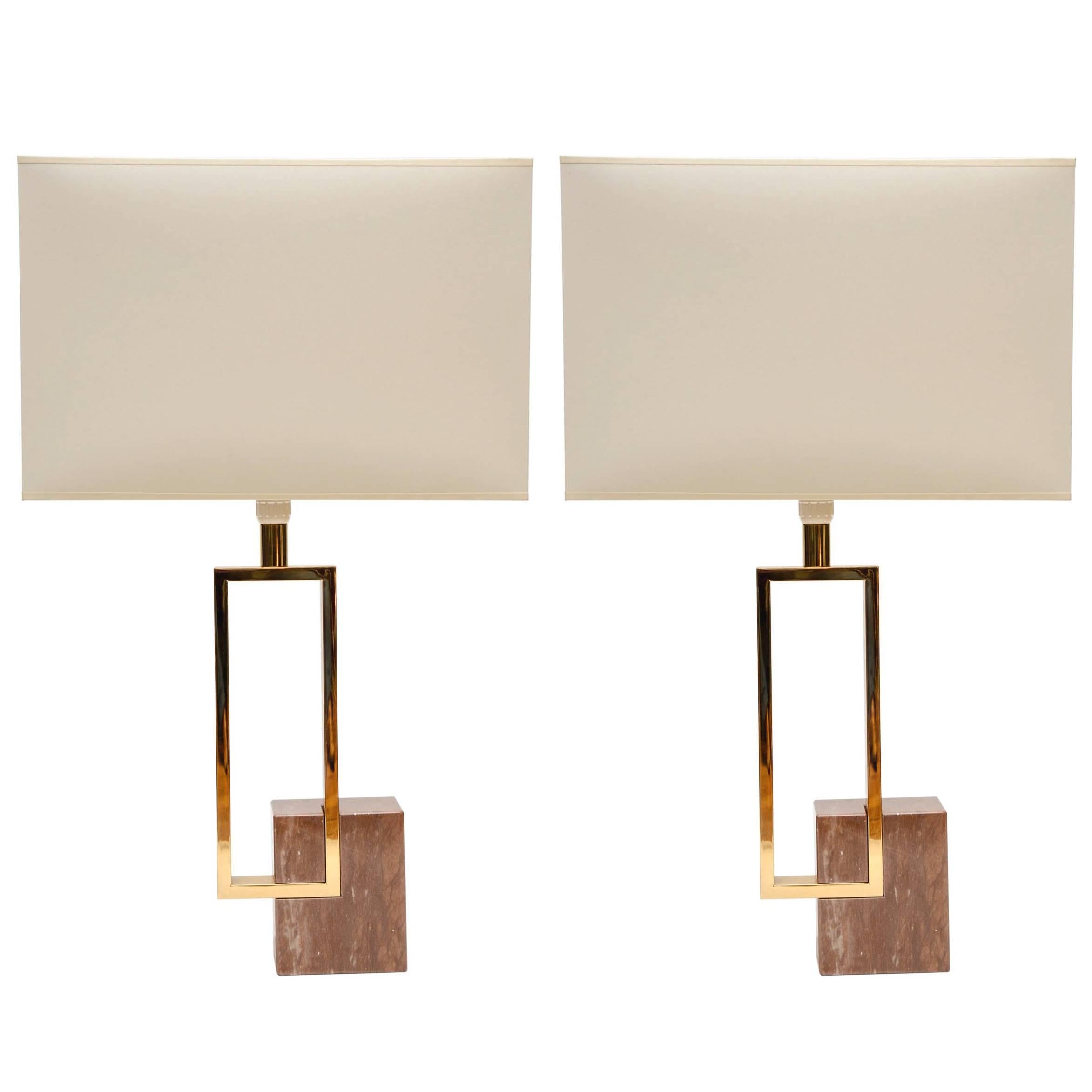Elegant Pair of Marble and Brass Table Lamps