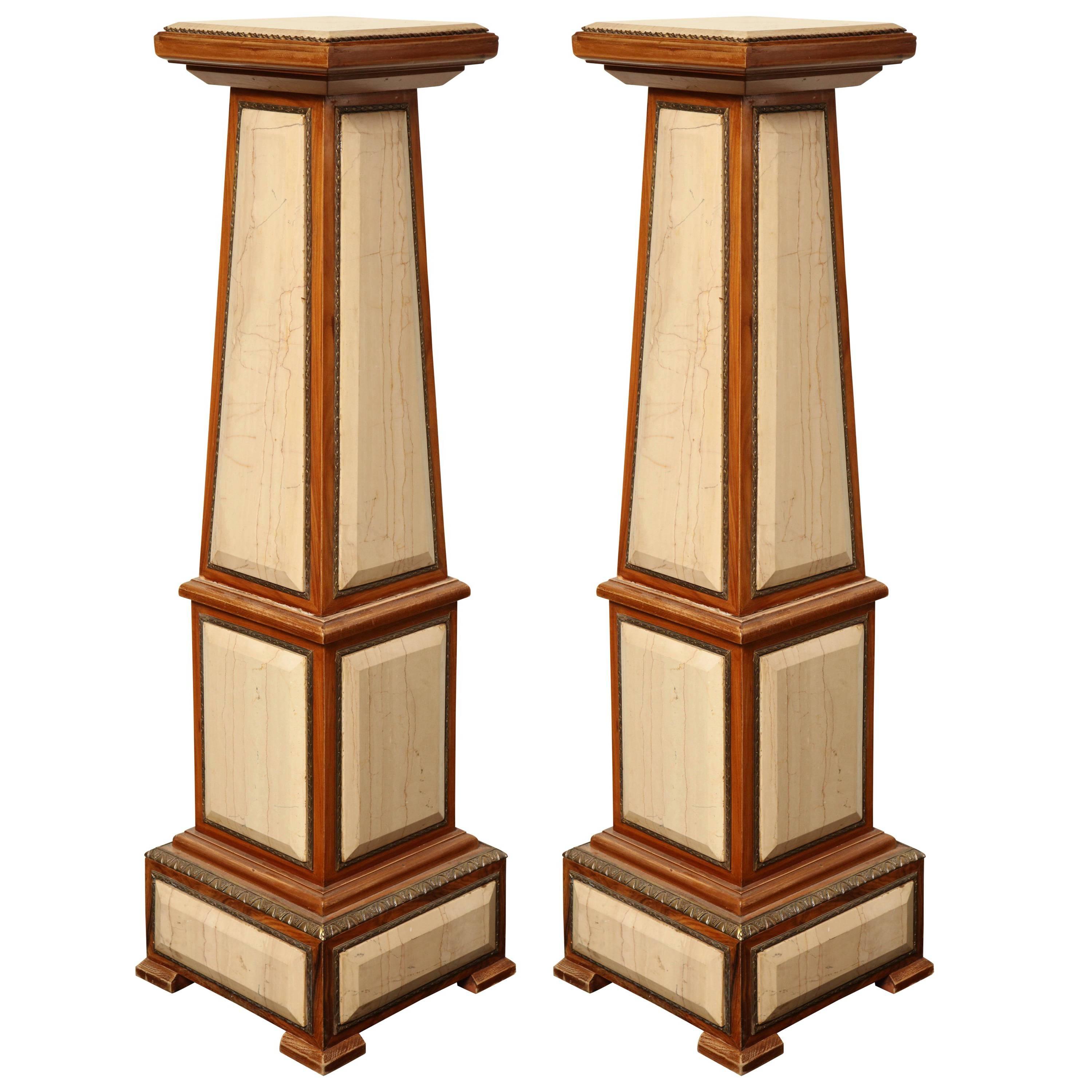 Pair of 1920s Style Columns in Oak with Marble and Bronze For Sale