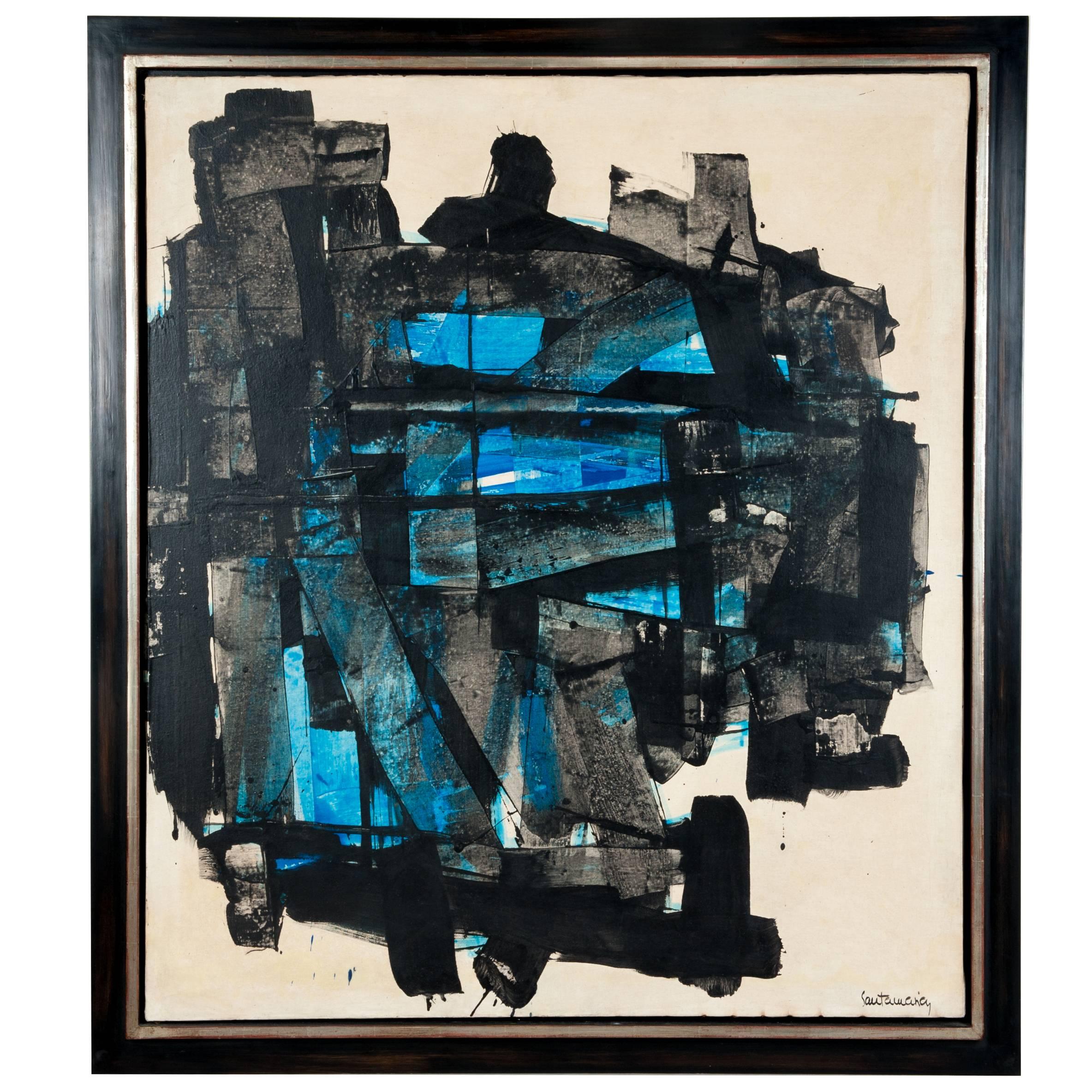 Impressive Abstract Painting Turquois-Black Signed by Ricardo Santamaria, 1970
